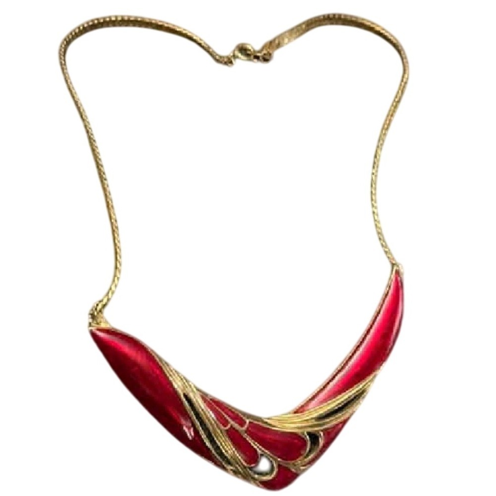 Vintage Red Enameled Choke Statement Necklace Gold Chain Elegant Costume Jewelry - Picture 2 of 2